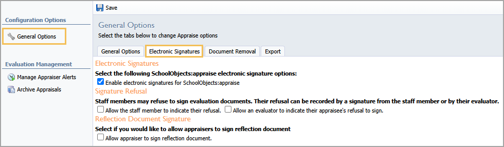 Configuration options for turning on electronic signatures for Strive evaluations.